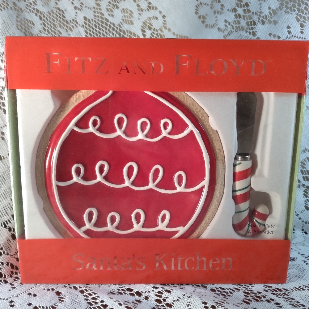 NIB  FITZ & FLOYD PLATE & SPREADER - CHRISTMAS ORNAMENT CANDY CANE THEME